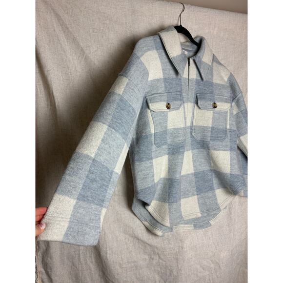 Madewell Boiled Wool Half Zip Popover Sweater Buffalo Check Heather Cream Sz.L - Picture 10 of 12